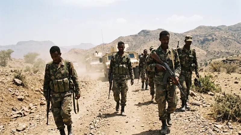 Armed soldiers navigating a rugged, dusty landscape in northern Ethiopia amid renewed conflict.