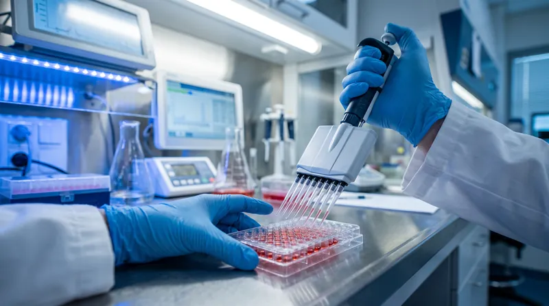 A close-up view of a scientist's gloved hands using a multi-channel pipette on a laboratory well plate.