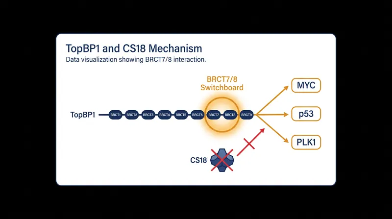 CS18 targets the BRCT7/8 domain of the TopBP1 protein, severing multiple cancer survival pathways simultaneously.