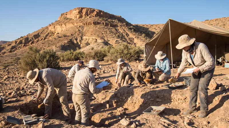 A rocky, arid archaeological excavation site in Morocco under bright sunlight.