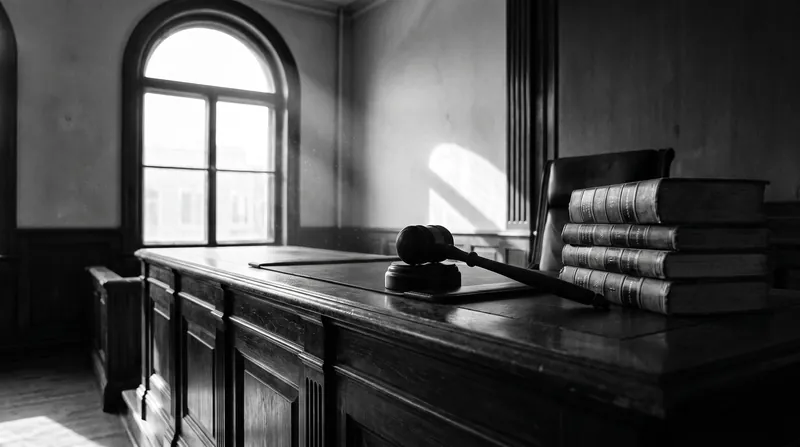 A heavy wooden gavel resting on a judge's bench in an empty, dimly lit courtroom.