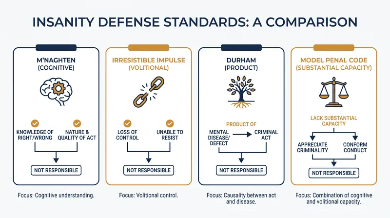 The four legal frameworks balance cognitive understanding against volitional control.