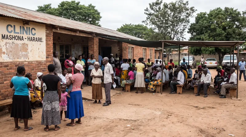 Patients waiting outside a brick public health clinic in Harare, Zimbabwe, during the day.