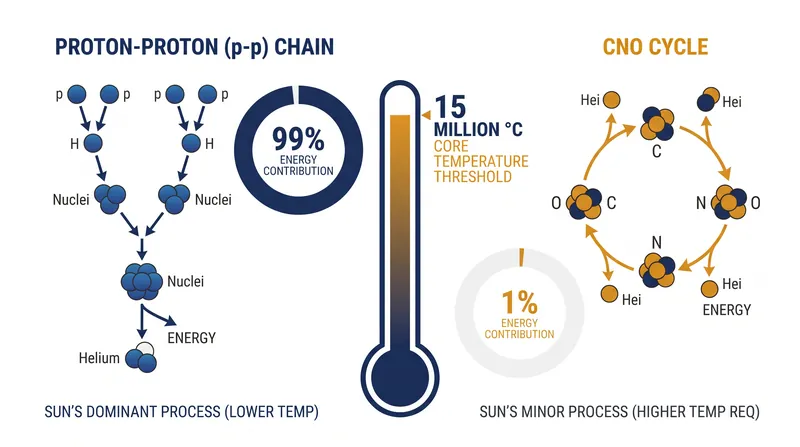 In stars the size of our Sun, the proton-proton chain dominates energy production, while the CNO cycle contributes roughly 1%.