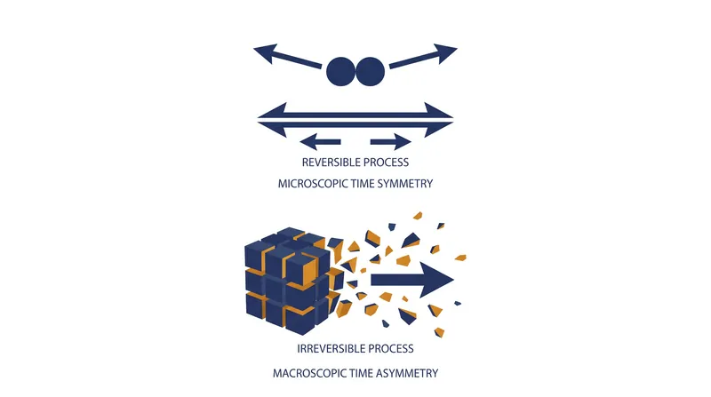While fundamental particle interactions are time-reversible, macroscopic systems behave irreversibly.