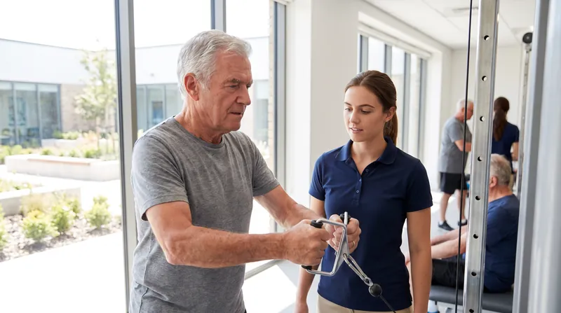 An older adult performing a supervised resistance training exercise with a physical therapist in a bright clinic.