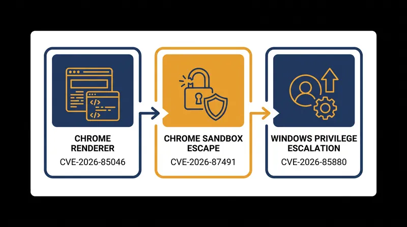 The three-stage zero-day exploit chain used by UTA0565.