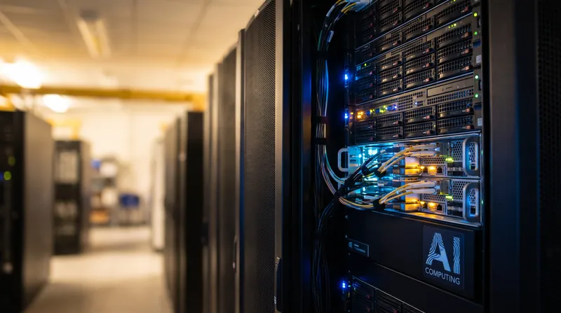 A modern server rack in a softly lit data center, glowing with blue and amber LED lights.