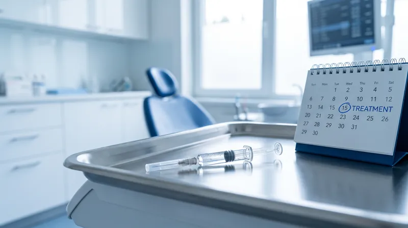 A single pre-filled medical syringe resting on a stainless steel tray next to a calendar.