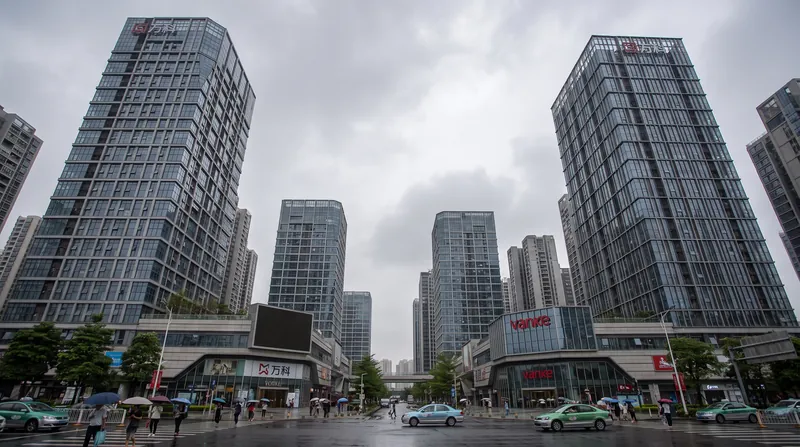 A modern glass-facade residential and commercial building developed by China Vanke in Shenzhen under overcast skies.