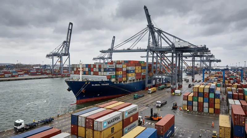 A massive commercial container ship docked at a busy port surrounded by loading cranes.