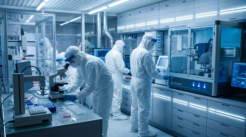 A modern pharmaceutical laboratory focused on mRNA research, featuring sterile equipment and researchers analyzing samples.