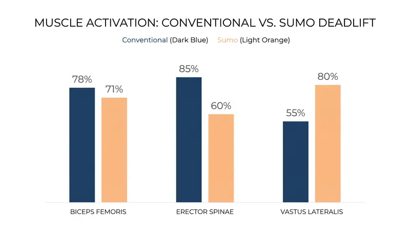 Electromyographic data shows the conventional stance heavily favors the posterior chain, while the sumo stance demands more from the quadriceps.