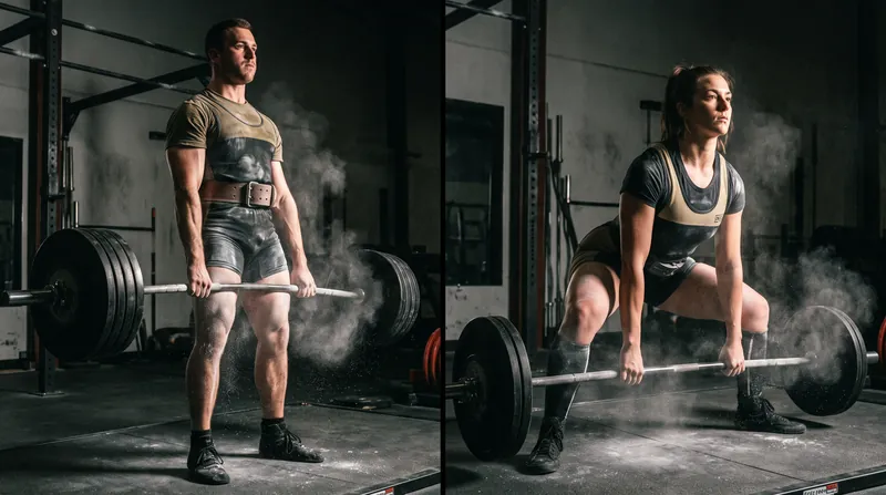 A powerlifter gripping a heavily loaded barbell on a gym floor, demonstrating the starting hip angle of a deadlift.