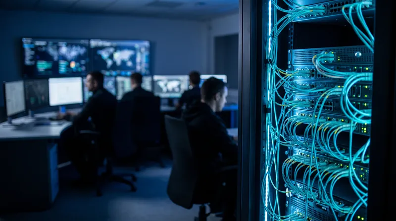 A glowing server rack in a modern cybersecurity operations center with analysts working in the background.