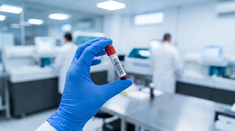 A gloved laboratory technician holds a small glass blood collection vial in a brightly lit clinical laboratory.