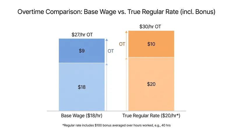 How a $100 non-discretionary bonus inflates the overtime premium for a 50-hour workweek.