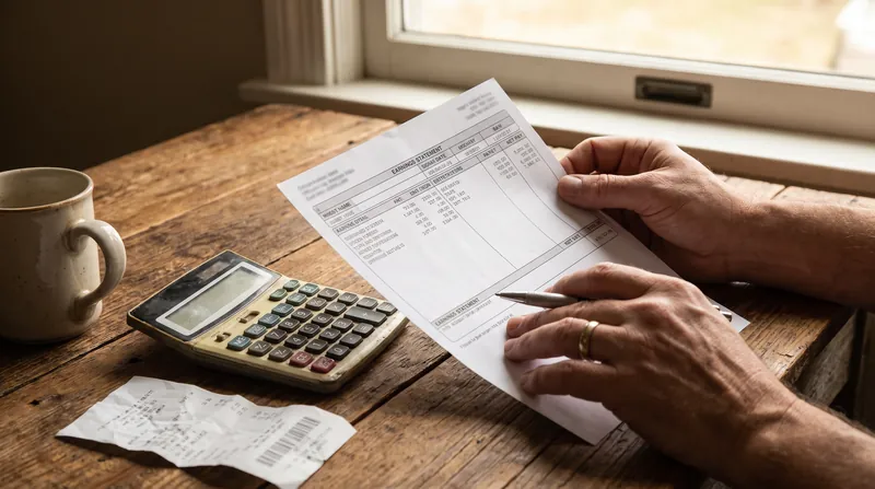 A person's hands using a calculator next to a printed pay stub on a wooden desk.