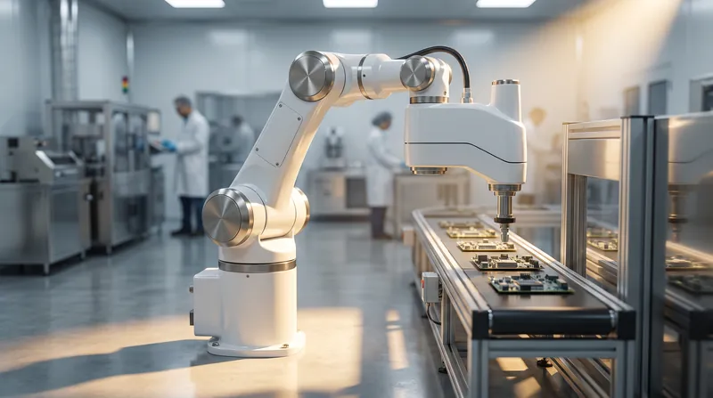 A white SCARA industrial robot arm positioned over a manufacturing assembly line.