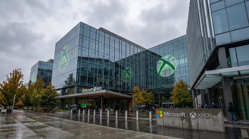 Exterior view of the Microsoft Xbox headquarters building with modern glass architecture under an overcast sky.