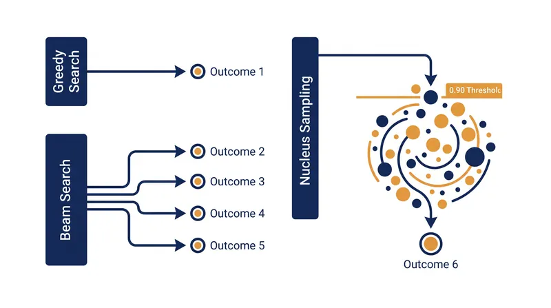 How greedy search, beam search, and nucleus sampling select the next token.
