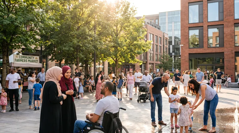 A diverse group of citizens conversing in a sunlit, tree-lined town square surrounded by brick buildings.