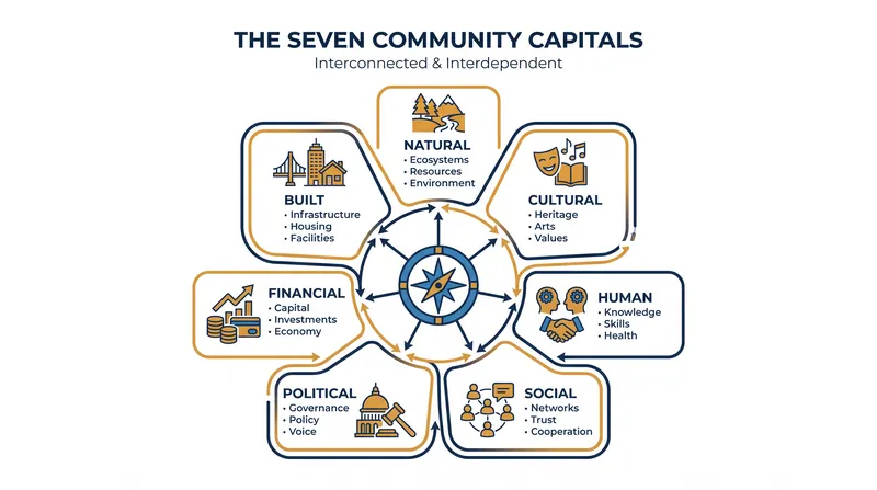 The seven interdependent capitals that define a community's total wealth.