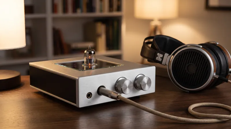A high-end desktop headphone amplifier with a glowing vacuum tube sitting next to premium studio headphones on a wooden desk.