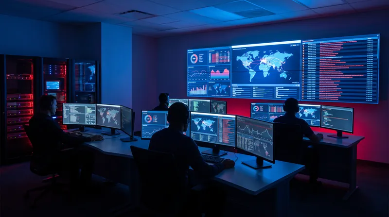 A dark cybersecurity operations center with analysts sitting at multi-monitor workstations in front of large digital displays.