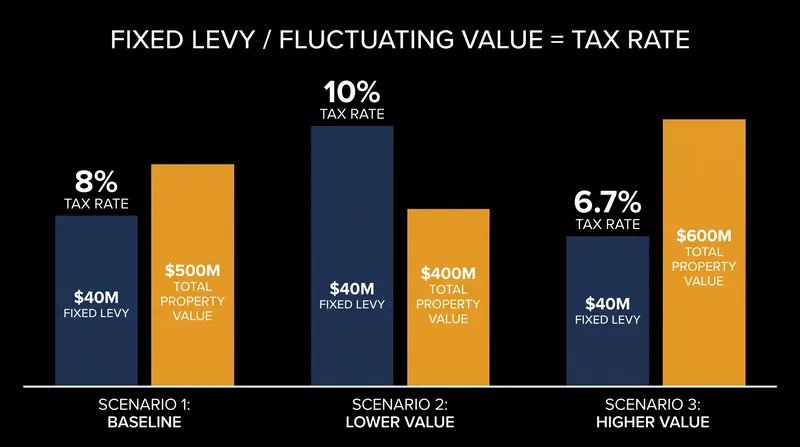 In a 'budget, then tax' system, the millage rate floats to ensure the local government's levy is fully funded.