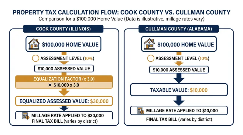 How equalization factors alter the taxable base of identically valued homes across different jurisdictions.