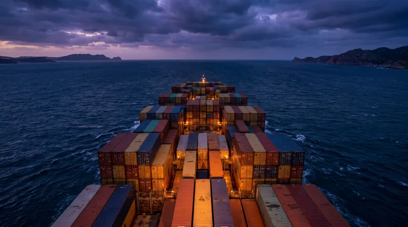A large commercial container ship carrying hundreds of cargo containers navigates through the Mediterranean Sea.