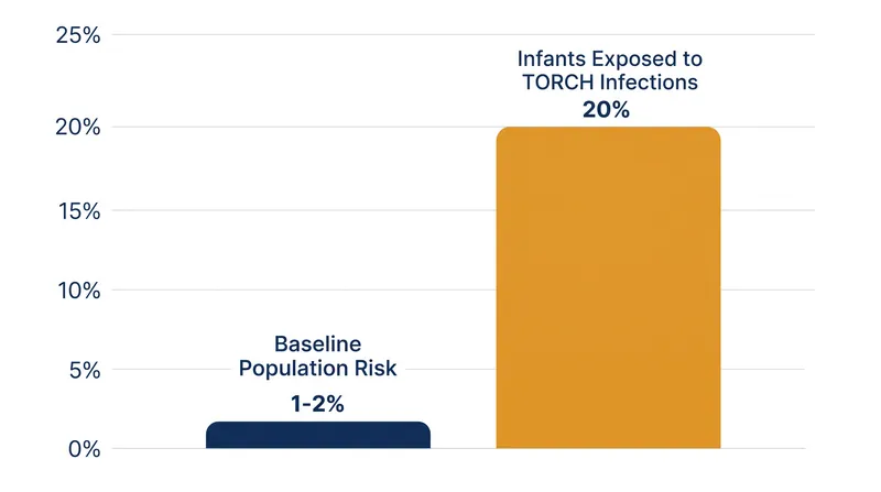While the population-level impact is small, roughly one in five infants exposed to a TORCH infection may develop autism.