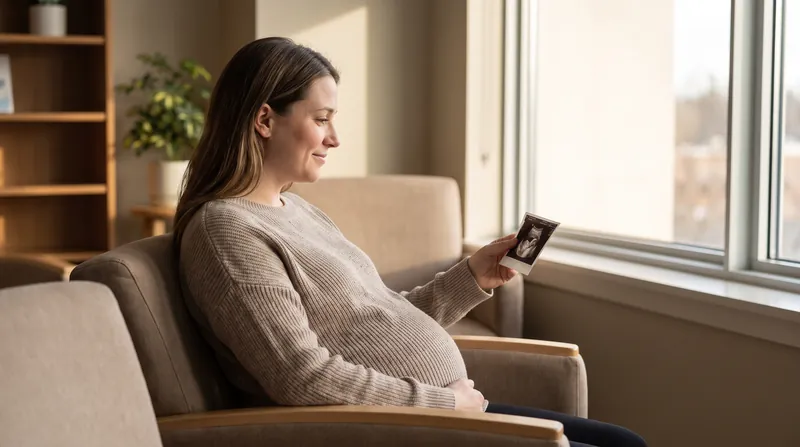A pregnant woman sitting in a brightly lit clinic room, holding an ultrasound printout and smiling.