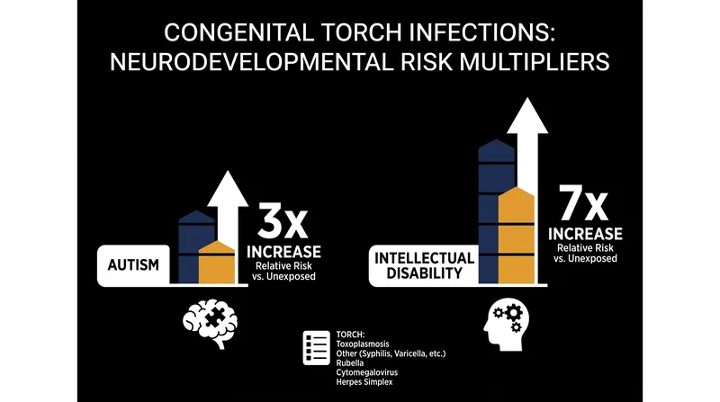 Children exposed to TORCH infections in utero face significantly higher risks of neurodevelopmental diagnoses.