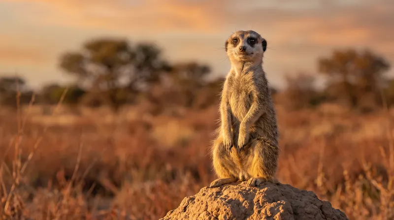 A meerkat standing upright on a mound in a desert landscape, looking alertly into the distance.