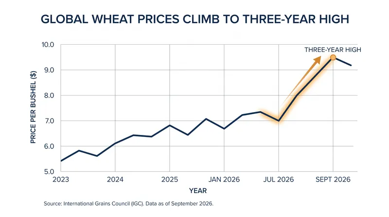 Global wheat prices have surged to three-year highs following the disruption of Black Sea shipping routes.