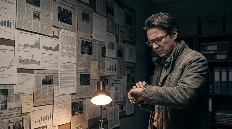 A person looking overwhelmed at a wall of complex data while checking their watch.