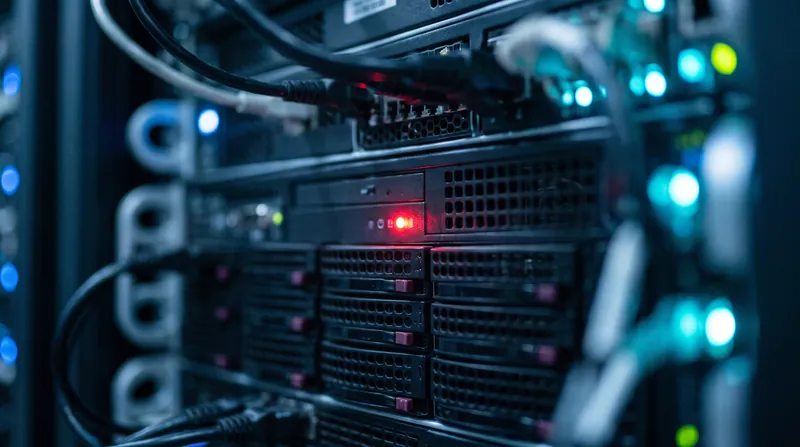 A close-up view of a server rack in a data center with a blinking red status light.