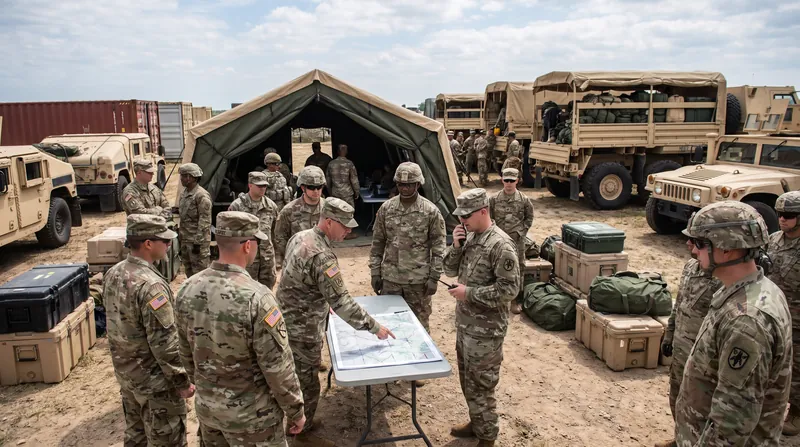 U.S. Army Reserve soldiers in uniform coordinating logistics near military transport vehicles in a staging area.