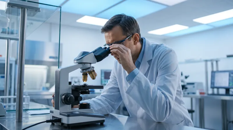 A medical pathologist in a sterile laboratory looking through the lenses of a binocular microscope.