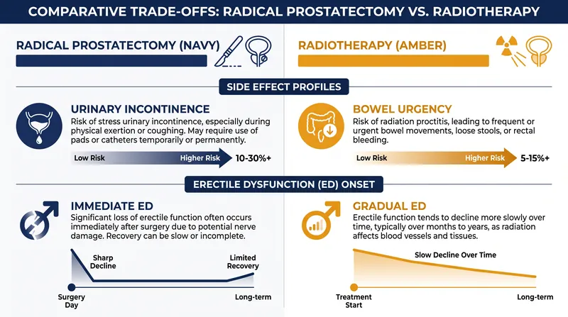 Because survival rates are equivalent, treatment choice for localized disease depends heavily on which side-effect profile a patient prefers to manage.
