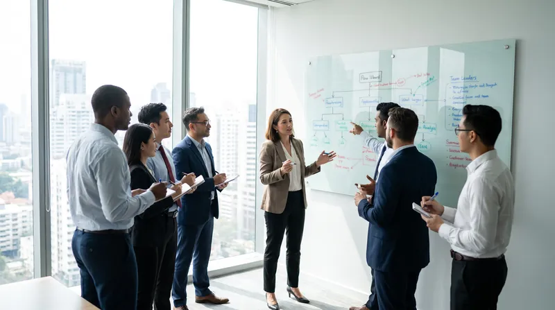 Corporate executives and team leaders mapping out a strategic sequence on a glass whiteboard in a modern office.