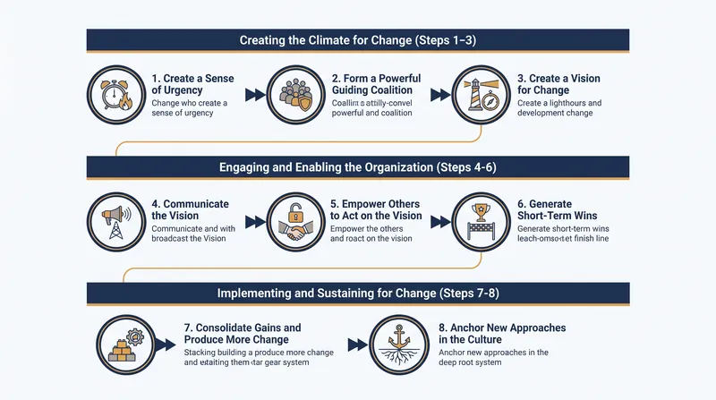 The eight-step sequence delays structural execution until the fifth stage, prioritizing psychological alignment.