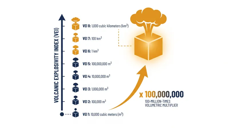 The VEI is a logarithmic scale, meaning each single-digit increase represents a tenfold jump in erupted volume.