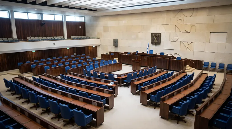 The interior of the Israeli Knesset assembly hall showing curved rows of wooden desks and blue chairs.