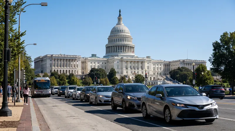 The United States Capitol building on a bright day with modern vehicles driving past in the foreground.