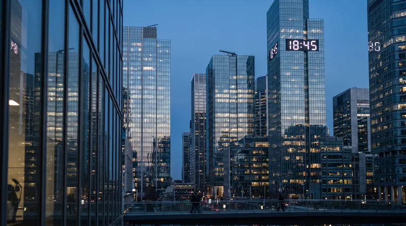 A modern banking district skyline at dusk with illuminated glass skyscrapers.