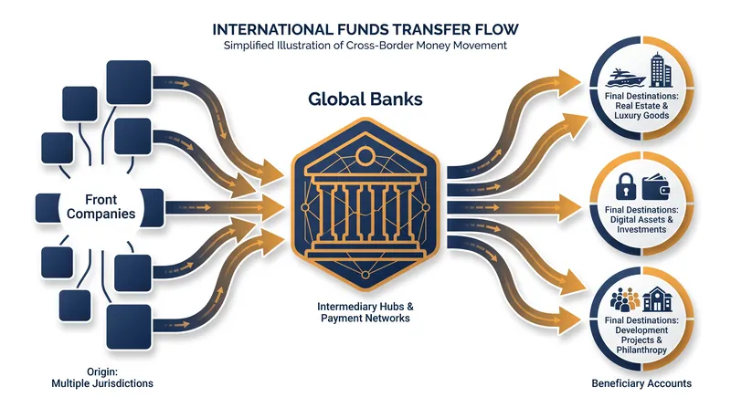 The A7 network utilized over 100 front companies to route funds through the SWIFT messaging system.