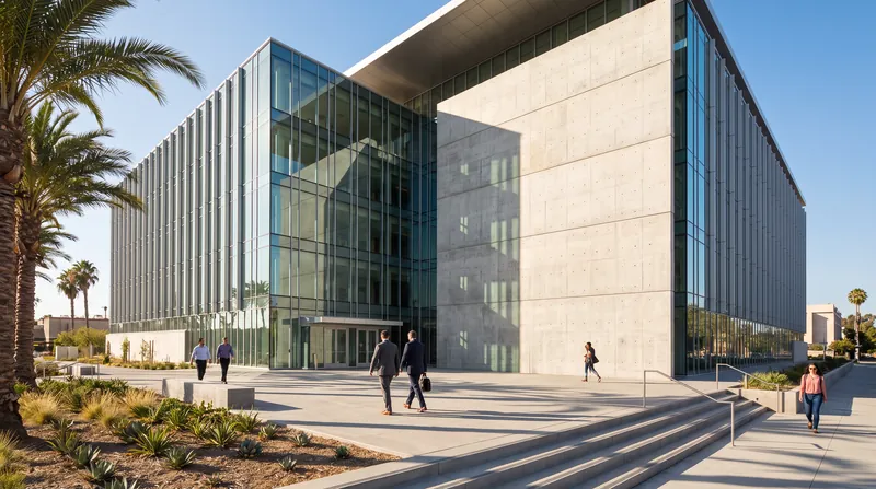 Exterior view of a modern federal courthouse building in California on a sunny day.
